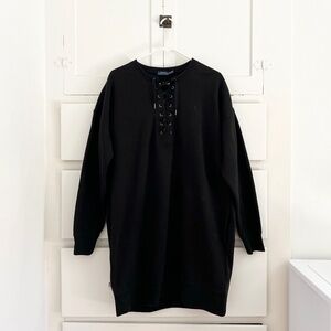 POLO Ralph Lauren Fleecy Sweatshirt Dress w/Lace Up Neck Detail in Black Size XL